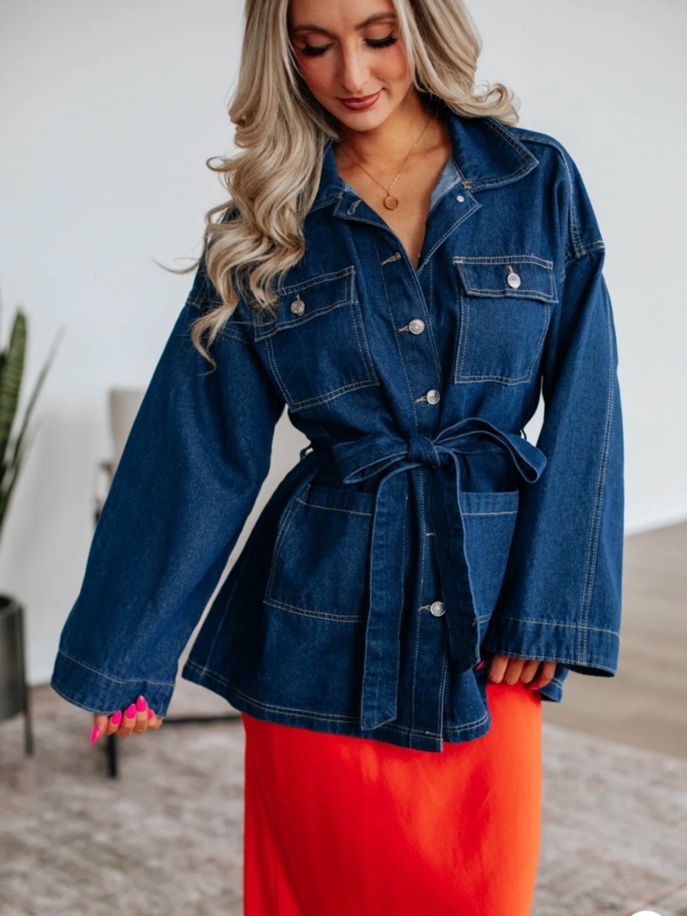 NWOT Dark Blue Denim Belted Jean Jacket - Relaxed Fit
